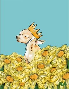 a dog wearing a crown sitting in a field of sunflowers with its eyes closed