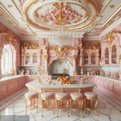 an ornate kitchen with pink and gold decor