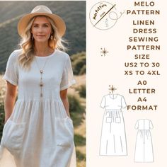 a woman wearing a white dress and hat with the words melo pattern lines sewing pattern size us 2 to 4xl