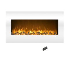 an electric fireplace with flames and rocks on the bottom, next to a remote control