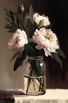 a painting of flowers in a glass jar