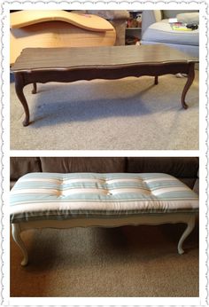 before and after photos of an old coffee table with new upholstered seat cushions