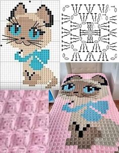 there is a cat that has been made out of crochet and it's on the bed