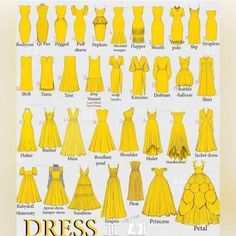 an old fashion chart shows different types of dresses in yellow and blue, as well as the