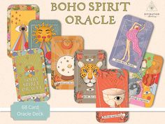 an assortment of cards with the words boho spirit oracle written on them and images of women