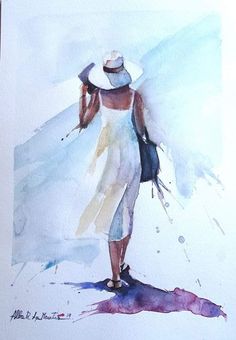 a watercolor painting of a woman walking down the street with her hat on and umbrella in hand