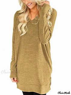 Olivia Mark - Stylish Loose-Fit Long-Sleeved Shirt with Collar, Pocket and Split Hem Top With Collar, Loose Tunic, Tunic Sweatshirt, Stylish Blouse, Long Shirt Dress, Tunic Shirt, Collar Blouse, Pocket Tshirt, Tunic Blouse