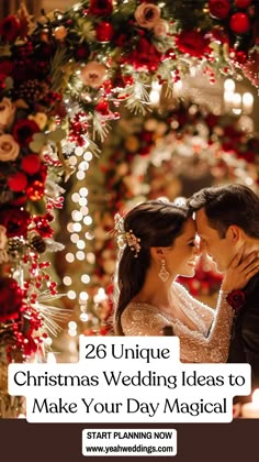 A cozy and romantic wedding couple in unique Christmas wedding ideas, featuring festive décor and holiday-inspired themes for a magical winter wonderland wedding. Wedding Christmas Ideas, Unique Christmas Wedding Ideas, Retro Christmas Wedding, Christmas Elopement Ideas, December Wedding Ideas Decoration, Romantic Christmas Wedding, Intimate Christmas Wedding, Black Tie Christmas Wedding, Christmas Wedding Ideas Decorations