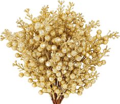 a bunch of gold balls and branches on a white background