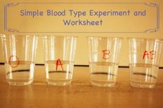 five glasses with the words simple blood type experiment and worksheet written on them