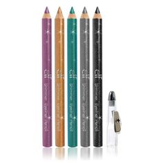 e.l.f. Essentials Shimmer Eyeliner Pencil Set of 5   ***New In Package***   Color: Set of 5 This set of 5 shimmering metallic liners puts the spotlight on your eyes.   The smooth formulation glides on effortlessly without tugging at the delicate eye area.   These pencils are designed to add depth, definition and a special sparkle to create a very glamorous look!   Each pencil includes a convenient sharpener cap for easy use. Set includes: Gunmetal, Boldly Bronze, Twinkle Teal, Plum Passion, Blac