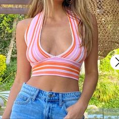 Brand New Never Worn Retro Spring Halter Top, Spring Vacation Striped Halter Top, Spring Y2k Halter Top, Y2k Halter Top For Spring, Spring Casual Pink Halter Top, Casual Pink Halter Top For Spring, Striped Halter Top For Spring And Summer, Spring Striped Halter Top, Casual Orange Halter Top For Summer