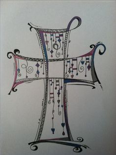 an artistic drawing of a cross made with colored pencils and ink on white paper