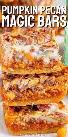 pumpkin pecan magic bars stacked on top of each other with the text overlay