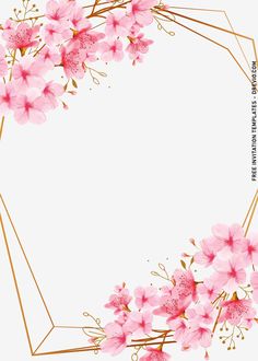 pink flowers with gold geometric frame on white background