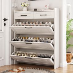 a white shoe rack filled with lots of shoes next to a wall mounted cabinet and potted plant