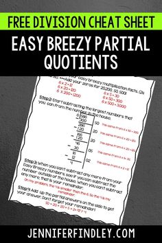 a piece of paper with the words, free division chat sheet easy breezey partial quotents