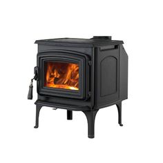 a black stove with flames in it on a white background and the door is open