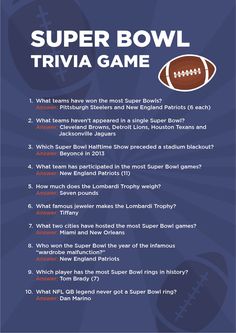 the super bowl trivia game is shown in blue and white with an image of a football