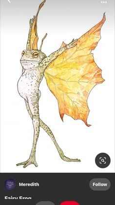 a drawing of a frog with an orange leaf on its back and wings spread out