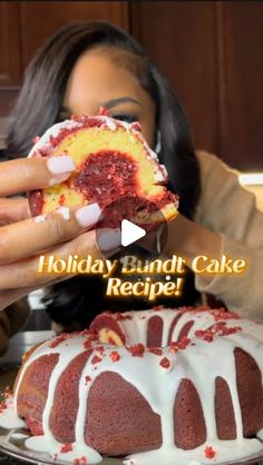 a woman holding a bundt cake in front of her face with the words holiday bundt cake recipe on it