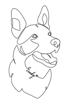 a black and white drawing of a dog's head with its tongue hanging out