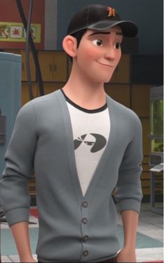 a cartoon character wearing a baseball cap and grey cardigan sweater standing in front of a building