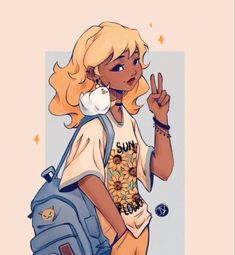 a girl with blonde hair and sunflowers on her shirt is carrying a backpack