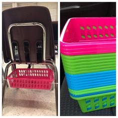 two pictures side by side one has a plastic basket and the other has a plastic chair