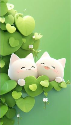 two white cats sitting on top of green leafy plants with hearts in the background