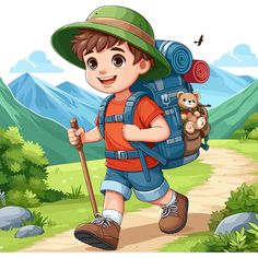 a young boy with a backpack and teddy bear is hiking in the mountains, cartoon