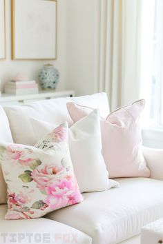 pink throw pillows on white sofa flower decor living room idea Cute Pink Decorations, Pink Decorations