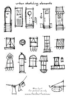 an image of different types of windows and doors drawn in pencil on paper, with the words urban sketching elements above them