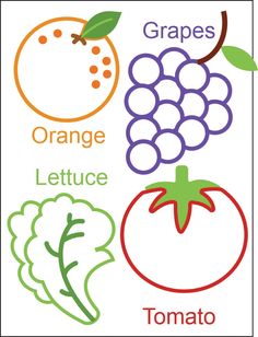 the words grape, orange, lettuce and tomato