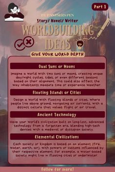 Fantasy World building ideas and prompts for your novel inspiration| part 1. Bring Your Story to Life with These Cool Worldbuilding Ideas 🌍✨ Discover creative and cool worldbuilding ideas to help you design immersive settings for your novel or fantasy story. From magical realms to dystopian cities, these tips will inspire you to build rich, detailed worlds that captivate your readers. Perfect for writers looking to enhance their storytelling and create unforgettable environments for their characters to thrive. Whether you're crafting an epic fantasy or a sci-fi adventure, these worldbuilding ideas will elevate your narrative. #Worldbuilding #WritingInspiration #FantasyWriting #CreativeWritingTips #StoryDevelopment World Building Ideas, Dystopian Cities, Fantasy World Building, Oc Development, Worldbuilding Ideas, Story Outline, Story Tips, Writing Prompts Funny