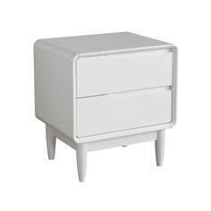 a white bedside table with two drawers on one side and an open drawer on the other