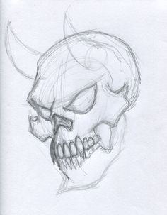 a pencil drawing of a skull with horns on it's head and teeth in its mouth