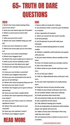 a red and white poster with the words, 65 truth or dare questions