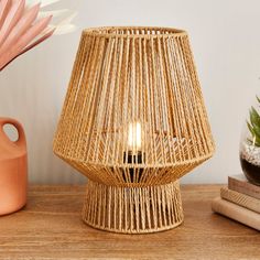 a wicker lamp sitting on top of a wooden table next to a potted plant