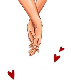 two people holding hands with hearts flying around them