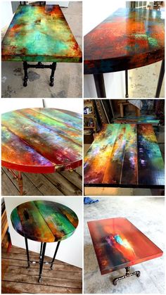 several different tables with colorful paint on them and one has a table top that looks like an abstract painting