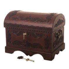 Like a treasure chest from days of old, this elegant box is designed to safeguard your personal treasures. Crafted of wood, it is covered with finely tooled leather. Keep what you need from prying eyes while adding a sophisticated touch to any interior. By Peruvian artisan Jesus Soliz, the colonial-style chest closes with a lock and key. Old Jewelry Box Aesthetic, Vampire Minecraft, Imperial Leather, Cottagecore Life, Fancy Furniture, Chest Ideas, Antique Objects, Chest Design, Old Chest