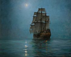 a painting of a ship in the ocean at night