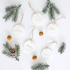 christmas ornaments with the word merry written on them and pine cones hanging from twine