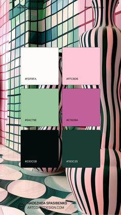 the color scheme is in shades of pink, green and black