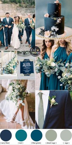 the color scheme is blue, green and gray with white flowers on it's wedding day