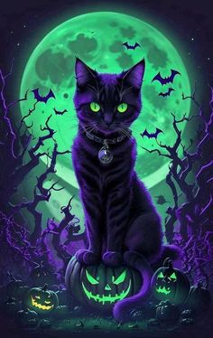 a black cat sitting in front of a full moon with green eyes and glowing pumpkins