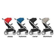 three strollers with different colors on them and the words poppy, mykonos, cavia, aluminum