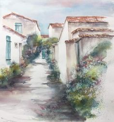 a watercolor painting of an alley way with houses and bushes on either side, in front of a cloudy sky