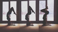 the silhouettes of three people doing yoga poses in front of a window with open doors